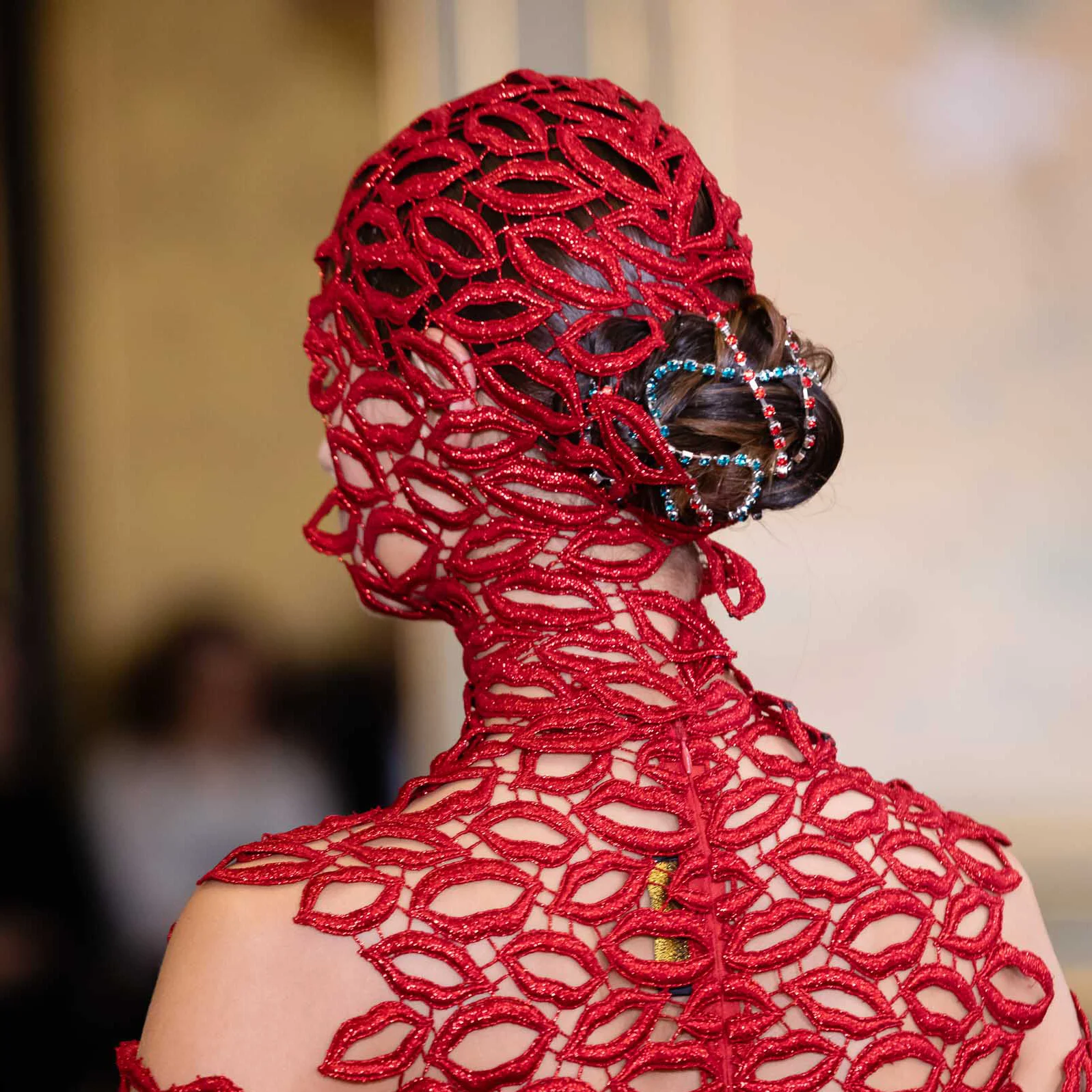 Red lace fashion headpiece and dress